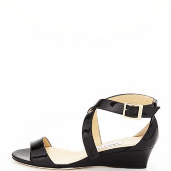 SOLD Jimmy Choo Black Patent Chiara Sandal Wedges - Picture 2 of 6